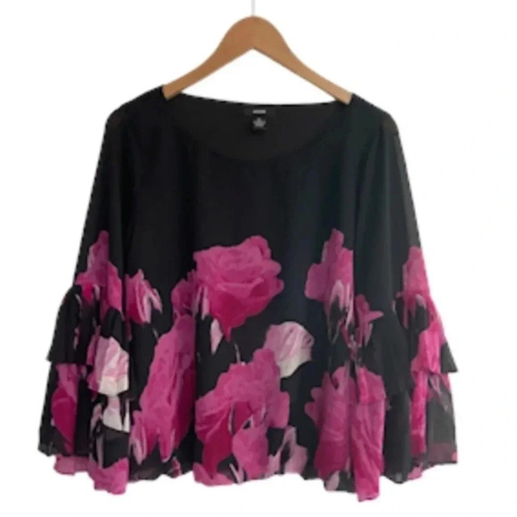Women’s Medium‎ Black Pink Blouse Tiered Bell Sleeve Floral Fairy Whimsigoth - Picture 1 of 13